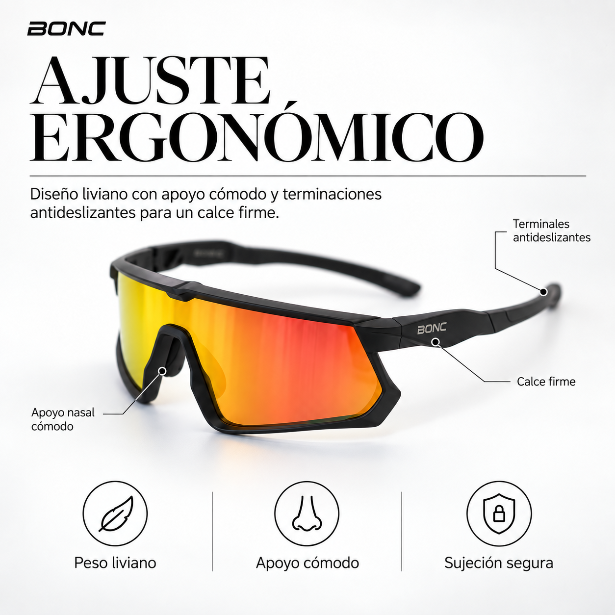 Ajuste ergon&oacute;mico BONC CARDINAL: dise&ntilde;o liviano, apoyo nasal c&oacute;modo y terminales antideslizantes.